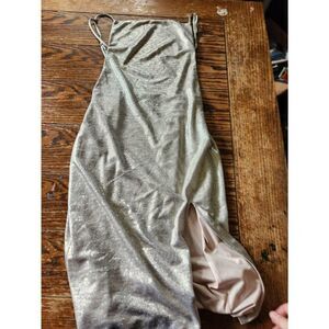 H:ours gold metallic backless front slit dress sz Small